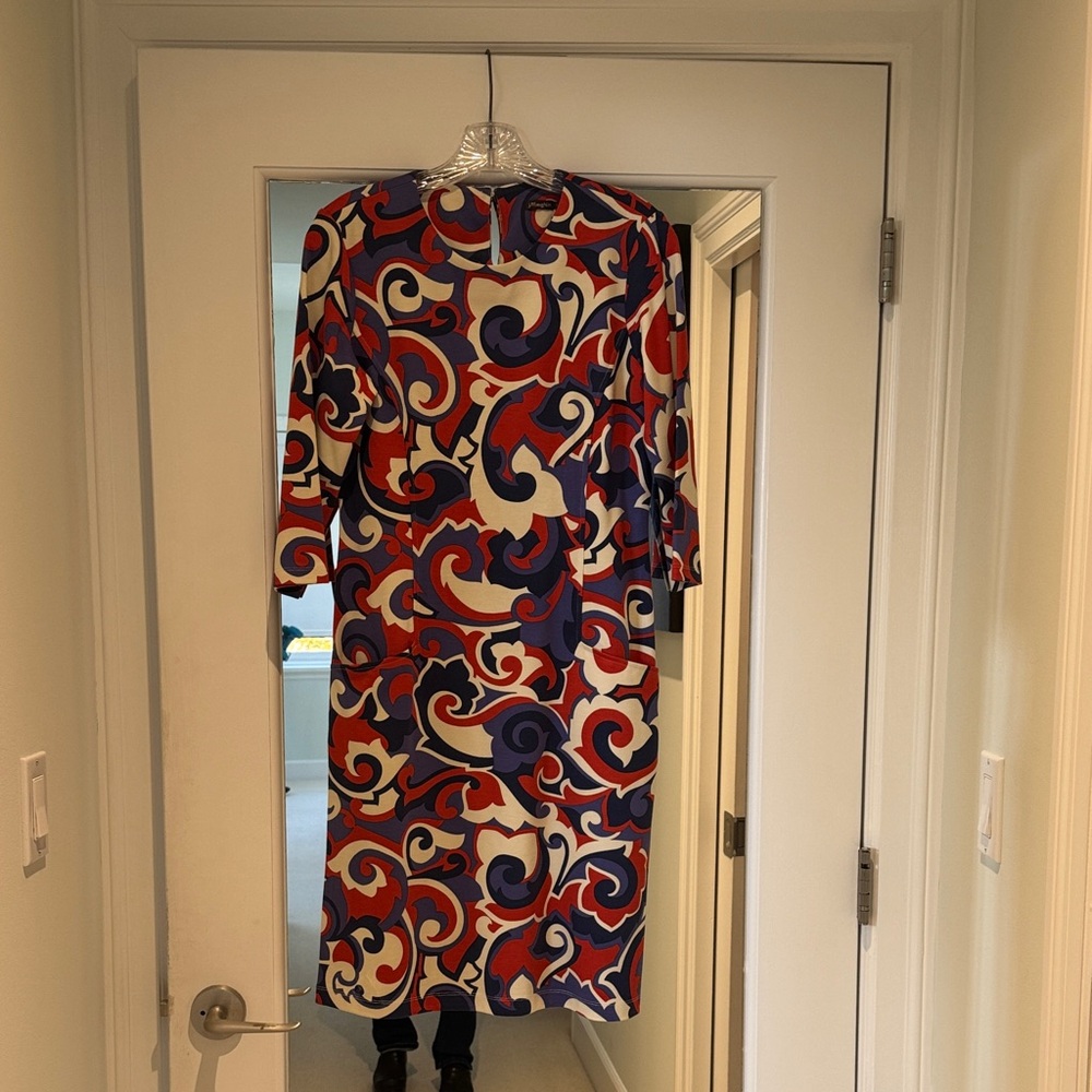 J. McLaughlin Vibrant Red and Blue Patterned Long Sleeve Dress